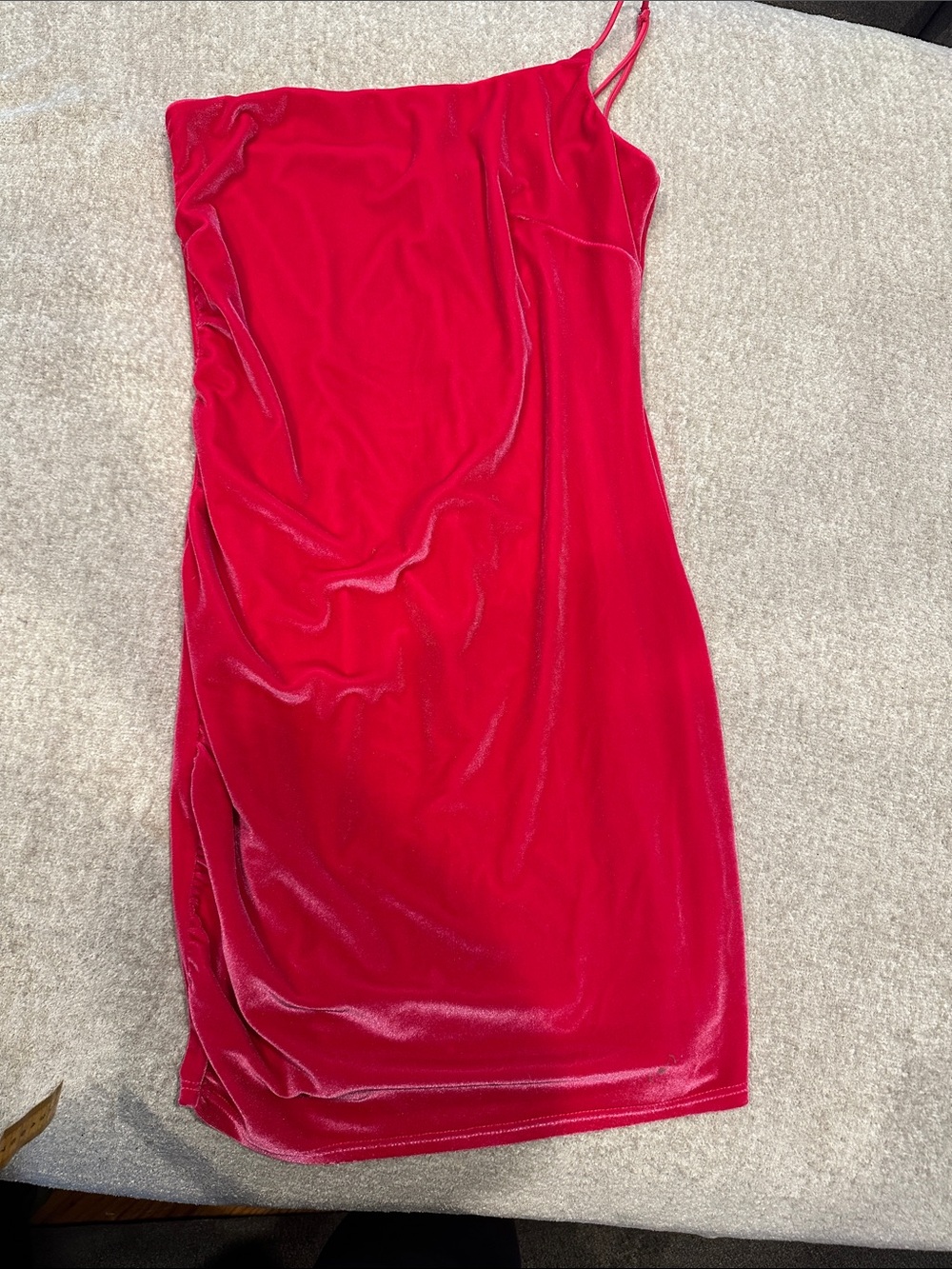 One shoulder strap Red Velvet Slip Dress with Spaghetti Straps